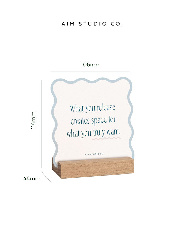 informational image showing positive affirm card in a wood stand with size dimensions readinf 106mm wide x 114mm tall.