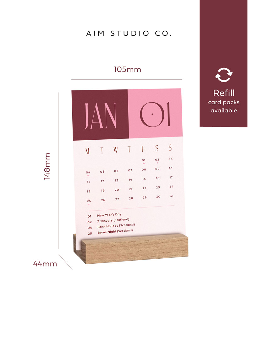 size dimensions of small 2027 desk calendar by aim studio co, with A6 sized cards and a 44mm deep wooden stand to display each monthly card.