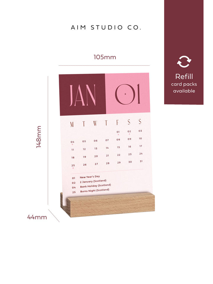 size dimensions of small 2027 desk calendar by aim studio co, with A6 sized cards and a 44mm deep wooden stand to display each monthly card.