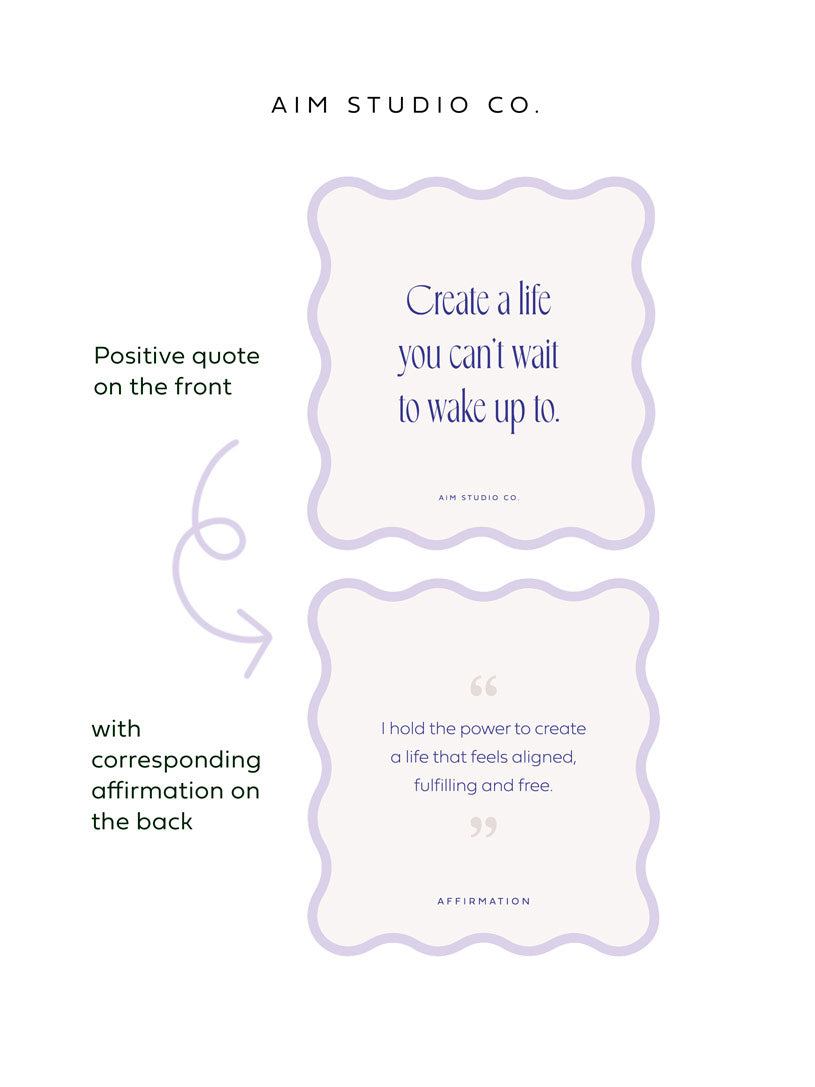 informational image showing a wavy card with inspirational quote on the front and a supporting affirmation on the reverse.