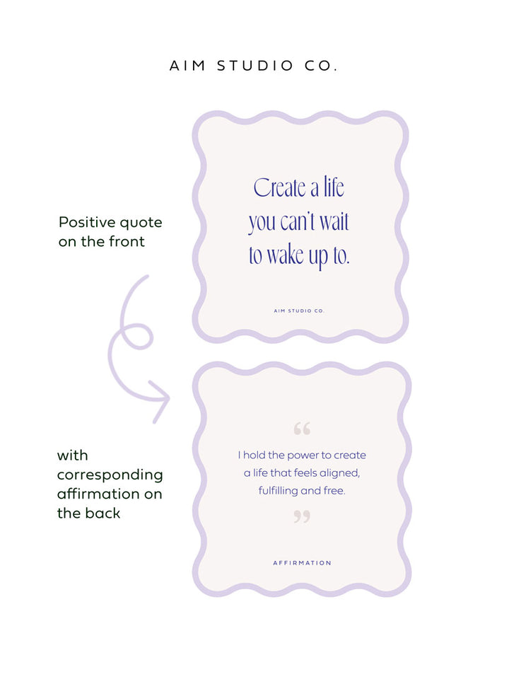 informational image showing a wavy card with inspirational quote on the front and a supporting affirmation on the reverse.