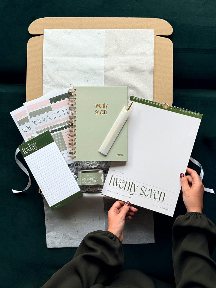 Sage green personalised 2027 diary gift bundle in a gift wrapped box with matching desk accessories, by AIM Studio Co.