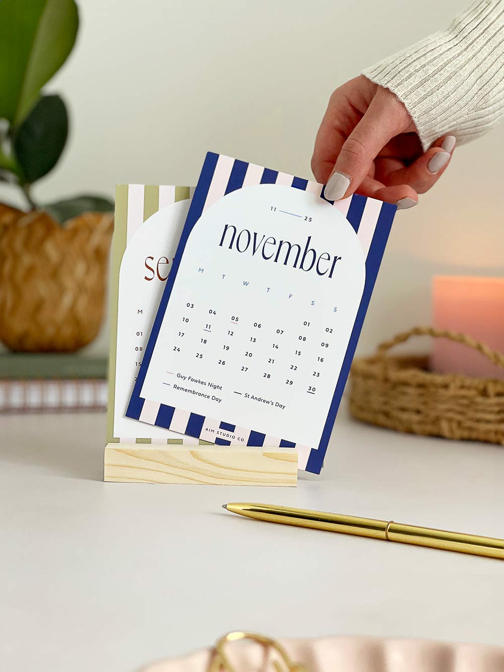 2025 Desk Calendar with Wood Stand | Candy Stripes