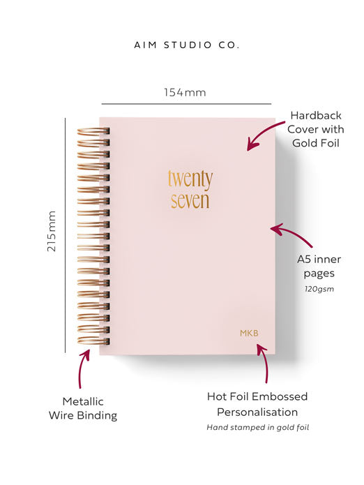 pink 2027 hardback diary embossed with 2027 in gold foil. Informational text highlights the A5 sized pages, spiral wire binding and hot foil embossed personalisation at no extra cost.
