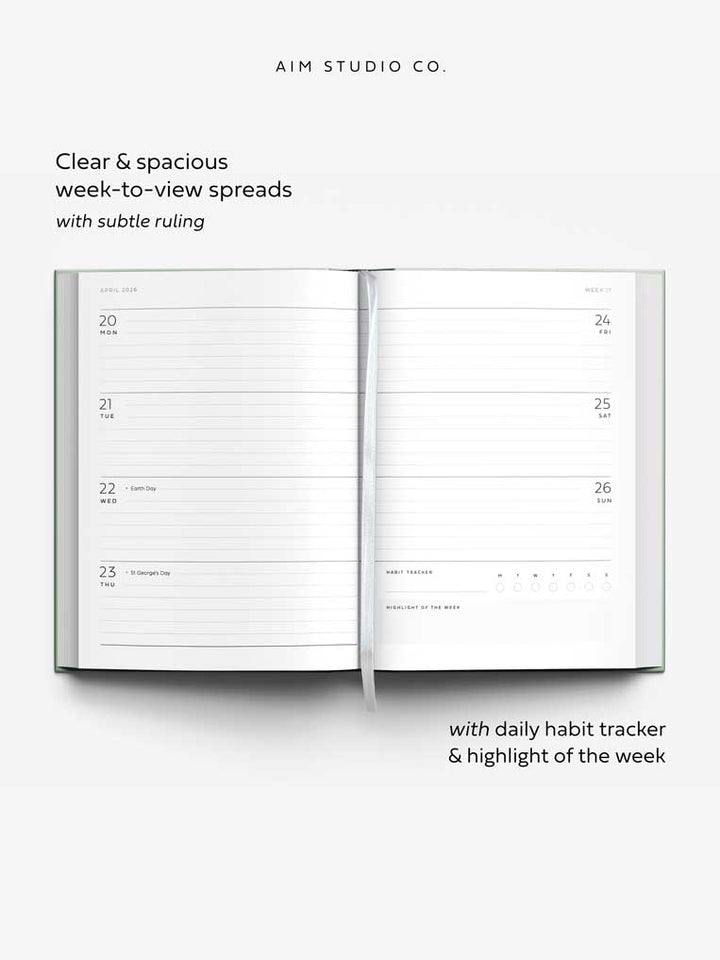 A5 week to view planner spreads with daily habit tracker and UK bank holidays and dates
