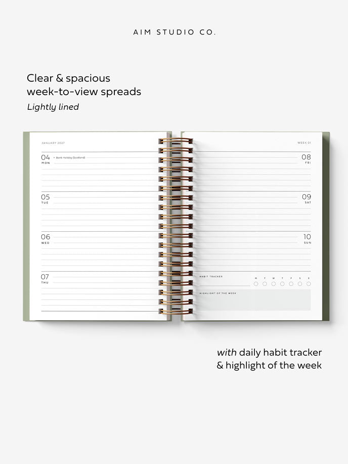 An open 2027 diary showing weekly planner pages acorss a double A5 spread with lined daily layouts and a habit tracker section. 