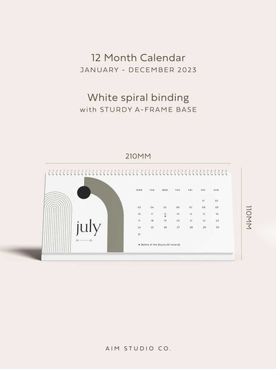 2023 minimalist calendar design showing july 2023 with measurements of the desk calendar