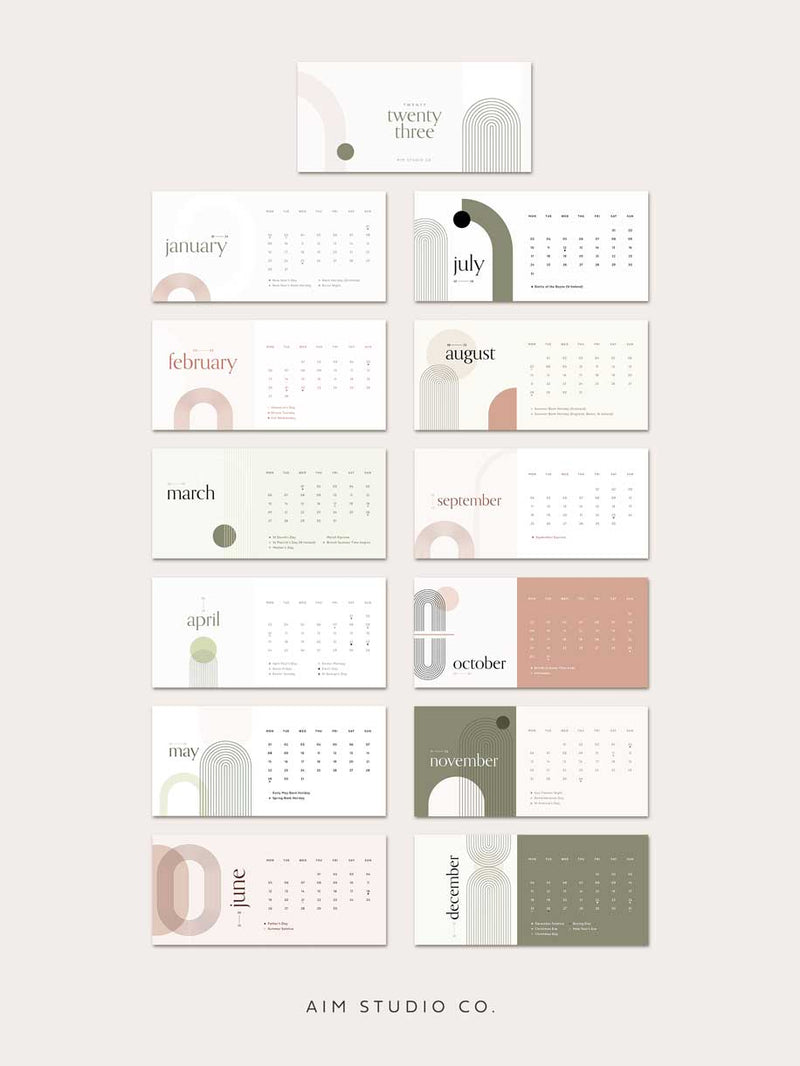 the full range of 2023 calendar months in small desk calendar design by aim studio co