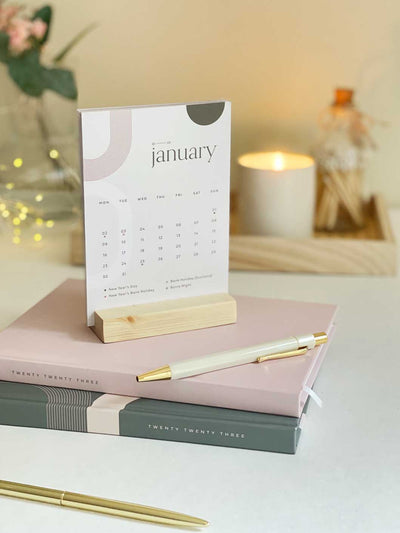 2023 - 2024 Desk Calendar | Refillable A6 Calendar with Wooden Holder