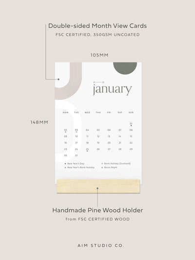 2023 - 2024 Mid Year Academic Desk Calendar | Refillable A6 Calendar with Wooden Holder
