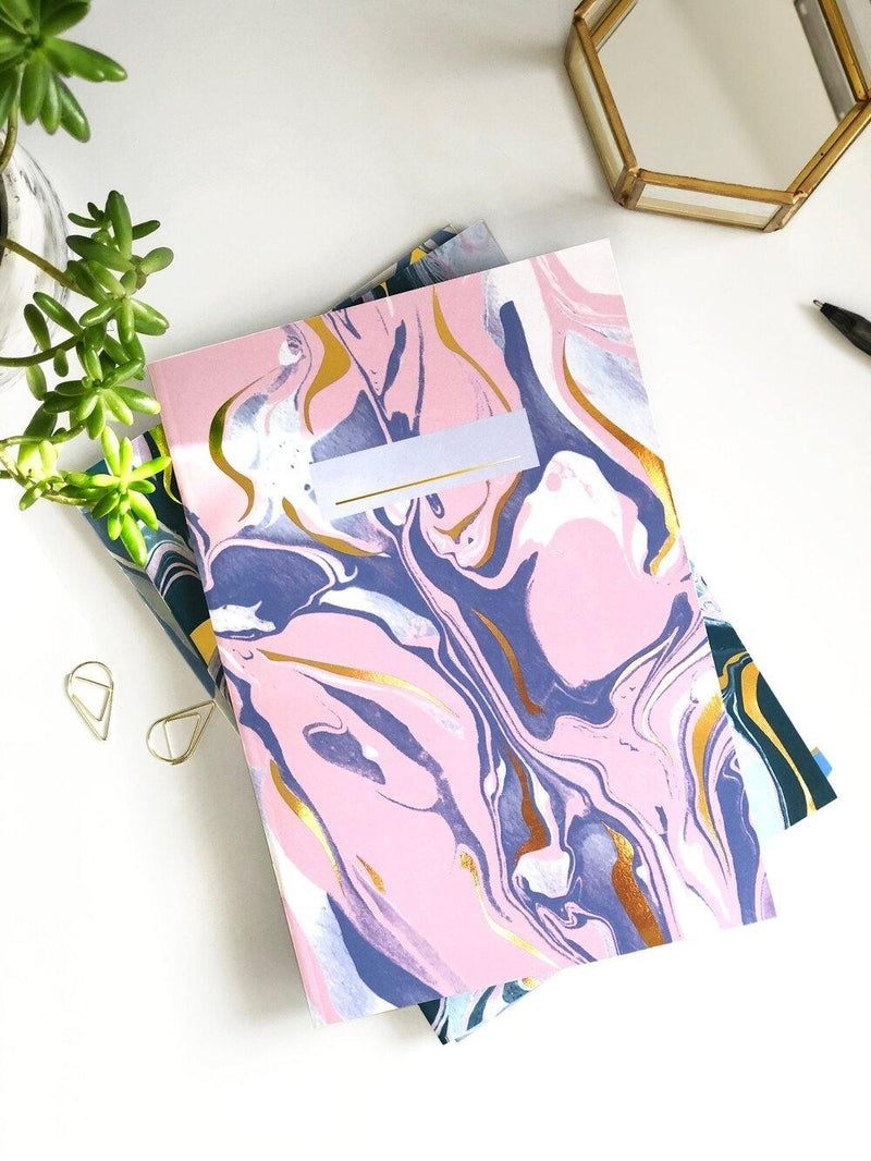 Blush Pink & Purple Marbled Notebook with Gold Foiling, A5 Dot Grid Bullet Journal - Stationery & Office Desk Accessories | AIM Studio Co